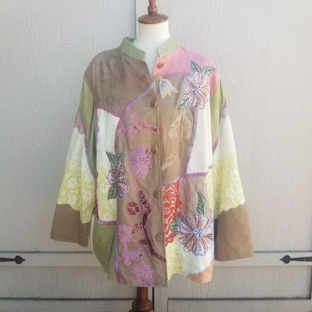 Vintage Indigo Moon Patchwork Quilt Applique Blazer Jacket